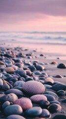 Smooth stones on a beach at dawn.
