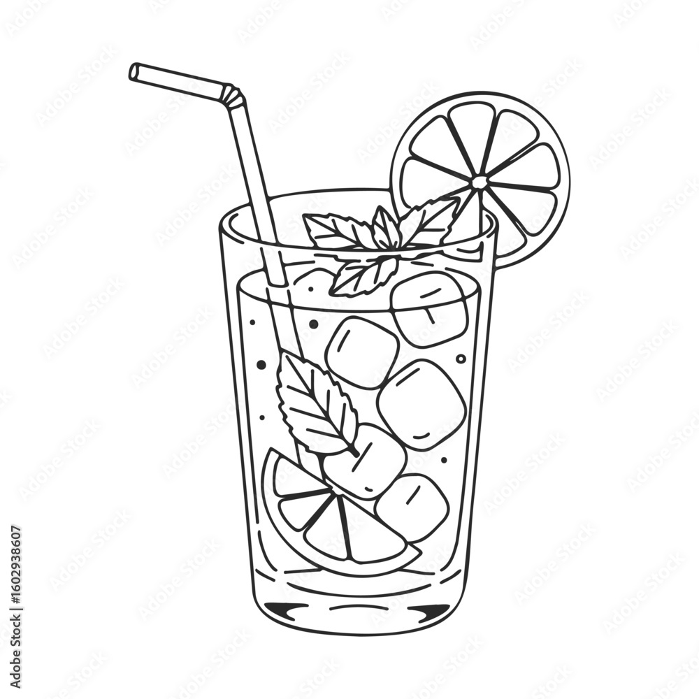 Poster refreshing iced beverage with lemon and mint line art – stock vector icon in line style