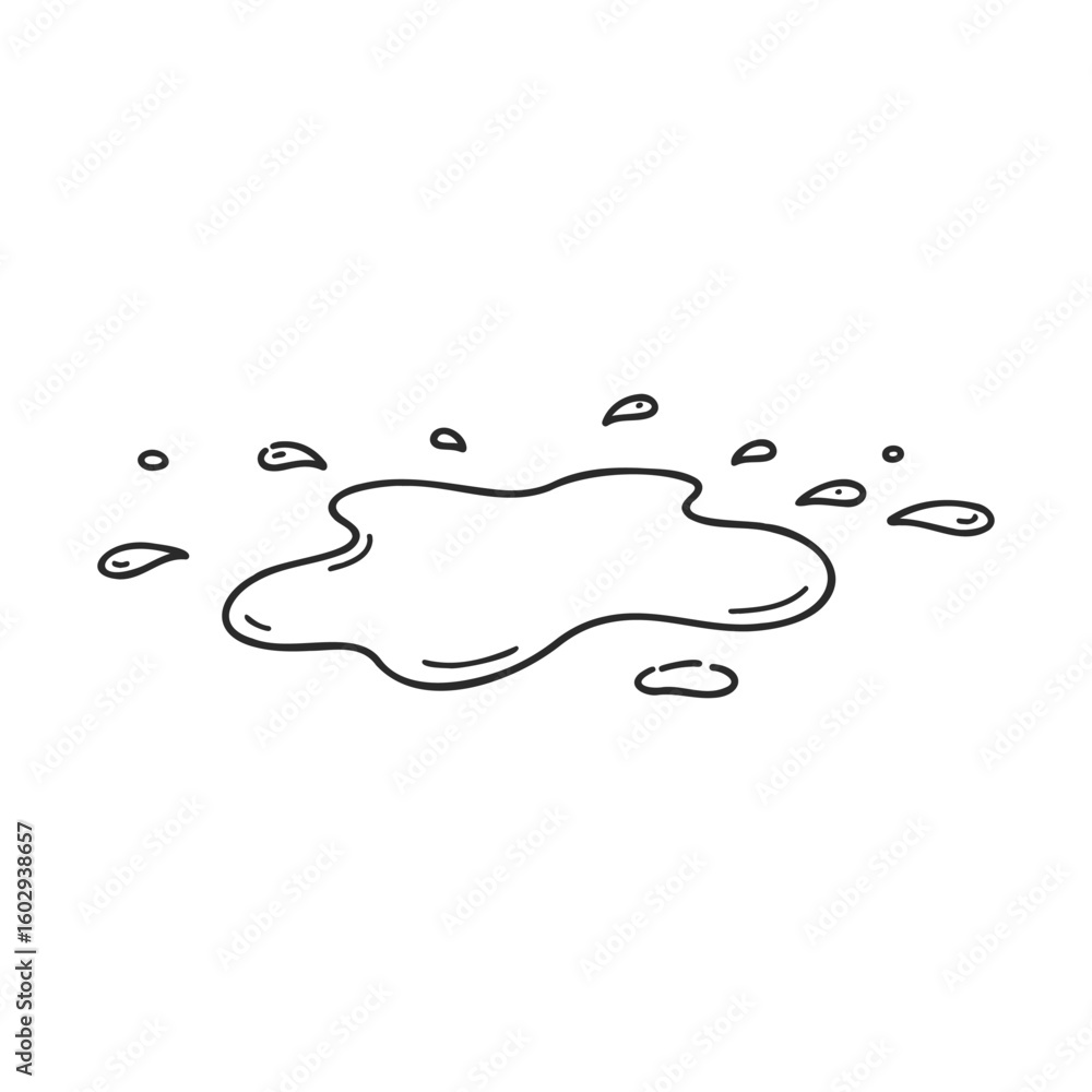 Poster simple line drawing of a water puddle with drops around it – stock vector icon in line style