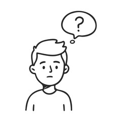 Obraz premium Confused young caucasian male cartoon with thought bubble – stock vector icon in line style