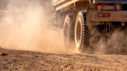 The exhaust of a mining truck kicking up dust as it drives on a dirt road.