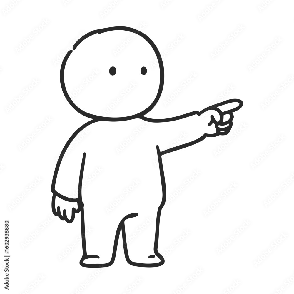 Poster minimalist black and white drawing of a simplistic humanoid figure pointing – stock vector icon in l