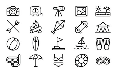Summer Vacation and Beach Holiday Line Art Vector Icon Set - Camera, RV, Telescope, Campfire, Kite, Skateboard, Tent, Snorkeling, and Outdoor Activities