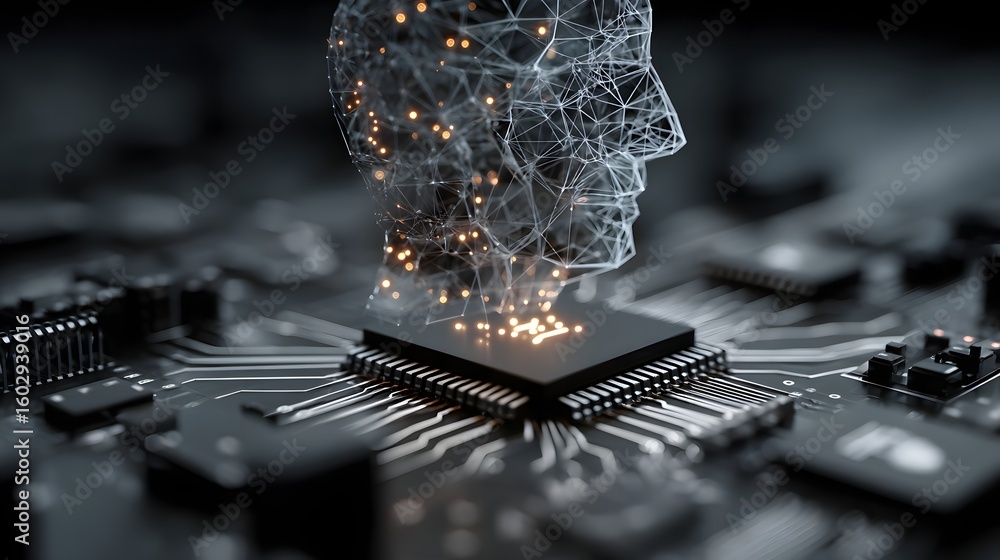 Poster digital brain power: ai head on processor for smart technology concept