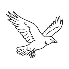 Fototapeta premium Black and white outline of a flying crow with outstretched wings – stock vector icon in line style