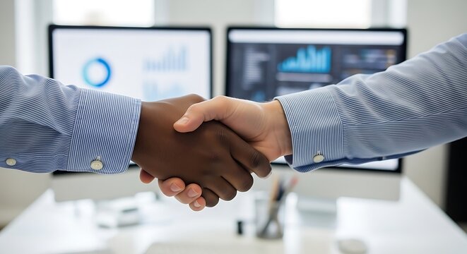 Two business professionals shake hands in front of computer screens displaying financial data - Powered by Adobe