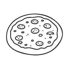 Fototapeta premium Black and white line drawing of a pizza with toppings – stock vector icon in line style