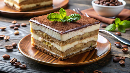 Close up of tiramisu dessert on a wooden plate with coffee beans and mint garnish on top