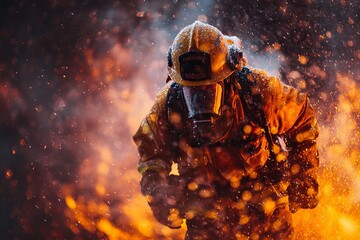 Obraz premium An armed fireman in uniform and helmet, facing the danger of fire with an extinguisher