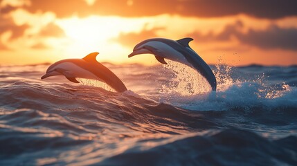 Fototapeta premium A playful pod of dolphins jumping through the ocean waves at sunset.