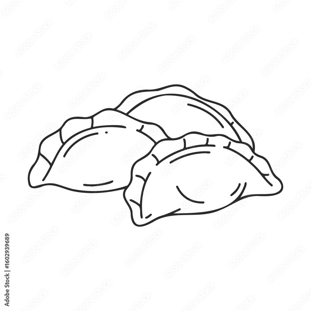 Poster black and white line drawing of three dumplings with crimped edges – stock vector icon in line style