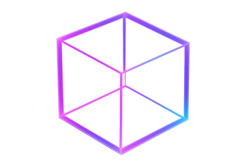 Rotating wireframe neon cube glowing purple-blue, representing technological innovation against transparent backdrop