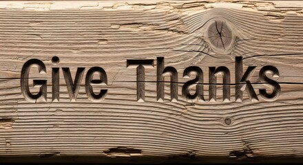 "Give Thanks" words carved into a rustic, weathered wooden plank, a warm background for the Thanksgiving holiday. AI generated.