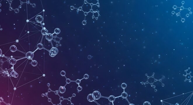 Molecules connected by lines on a blue and purple gradient background with small white particles scattered around