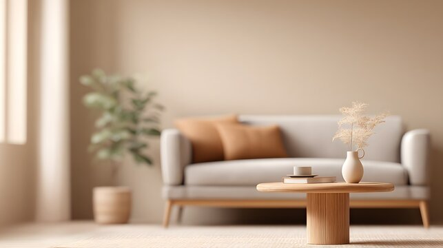 blurred image of a therapist&rsquo;s office featuring a couch and side table, warm neutral tones
