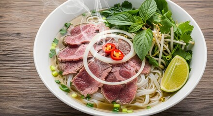Fototapeta premium A steaming bowl of pho with beef slices, herbs, lime, and onion rings on a wooden table top view