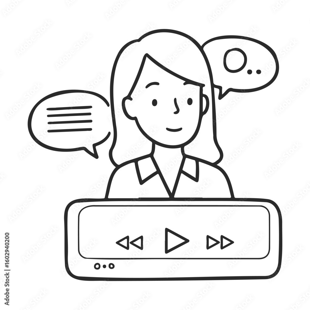 Poster cartoon female in video player interface with speech bubbles – stock vector icon in line style