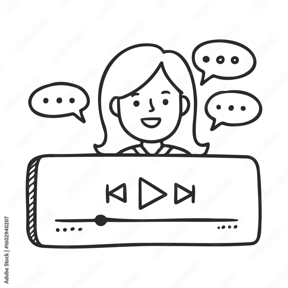 Poster female character with speech bubbles and media controls illustration – stock vector icon in line sty