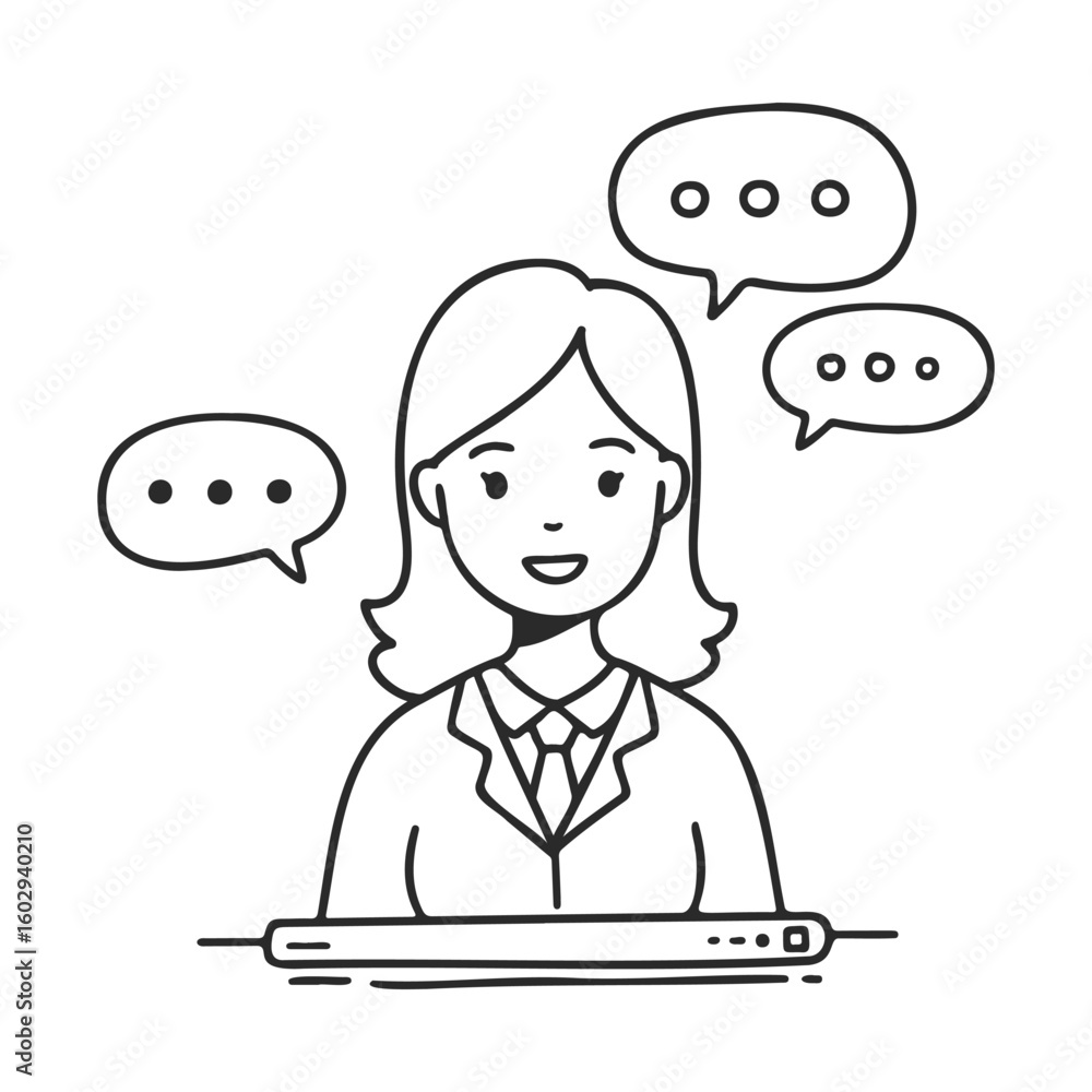 Poster female character engaging in online communication with chat bubbles – stock vector icon in line styl