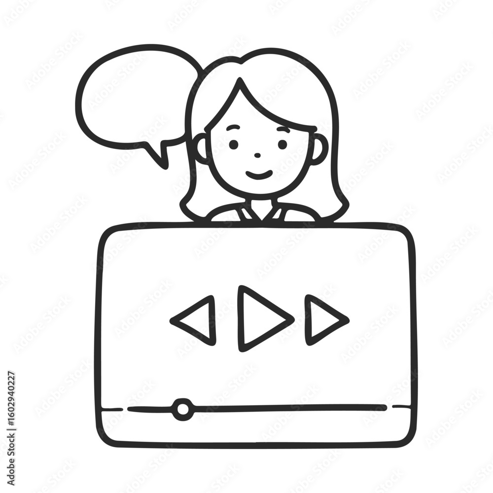 Poster cartoon female character hosting online video tutorial with speech bubble – stock vector icon in lin