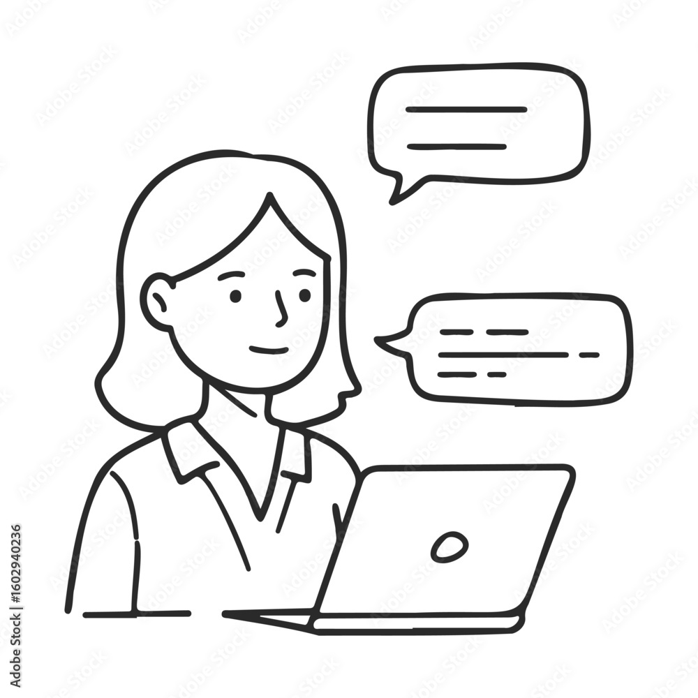Aufkleber female character using laptop with speech bubbles engaging in online communication – stock vector ic