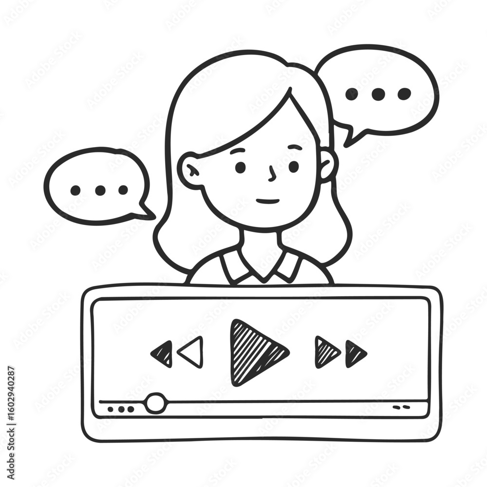 Aufkleber female character watching video with speech bubbles in simple line art drawing – stock vector icon i