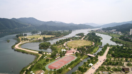 A tourist attraction on Jaraseom Island, Korea, photographed with a drone.
