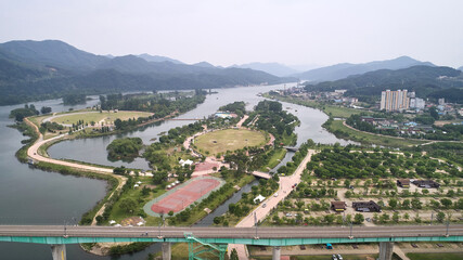 A tourist attraction on Jaraseom Island, Korea, photographed with a drone.

