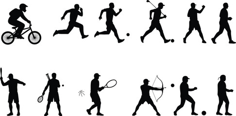 Silhouettes of athletes playing different sports including cycling, soccer, tennis, archery, running, and fitness activities in motion graphics.
