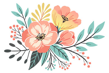 Beautiful floral arrangement with coral and yellow flowers and green leaves