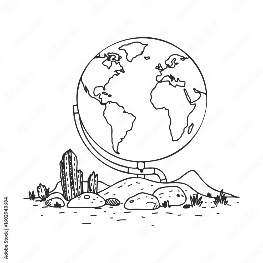 Poster monochrome globe with cacti and mountains sketch – stock vector icon in line style