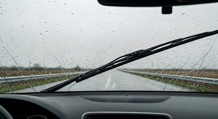 View through car windshield with wipers on during rainy day on a highway with trees outside the car