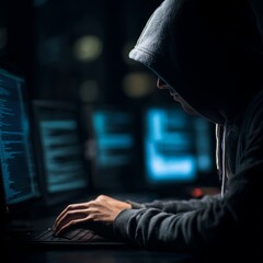 Hooded Programmer Analyzing Code in Dark Ambient Workspace Setting