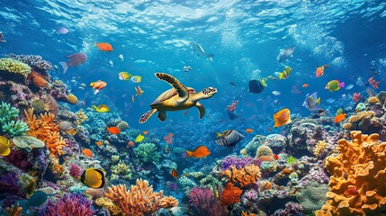 A vibrant coral reef teeming with colorful fish, sea turtles, and exotic marine life.
