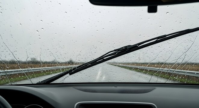 View through car windshield with wipers on during rainy day on a highway with trees outside the car