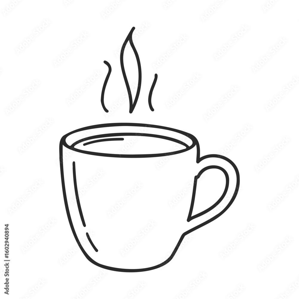 Poster simple line art of a steaming hot coffee mug – stock vector icon in line style