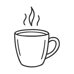 Simple black and white line drawing of a hot coffee mug &ndash; stock vector icon in line style