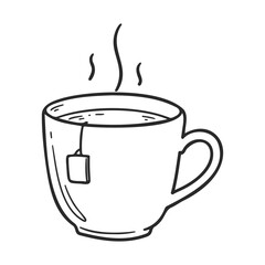 Sketch of a steaming tea cup with teabag and handle in monochrome line art – stock vector icon in line style