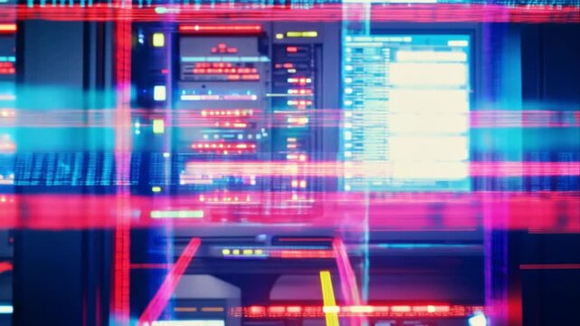 Futuristic server room with data transmission visuals and neon light effects - Powered by Adobe