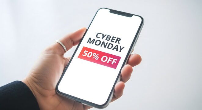 Hand Holding a Smartphone Displaying a Cyber Monday Sale with a 50% Off Discount
