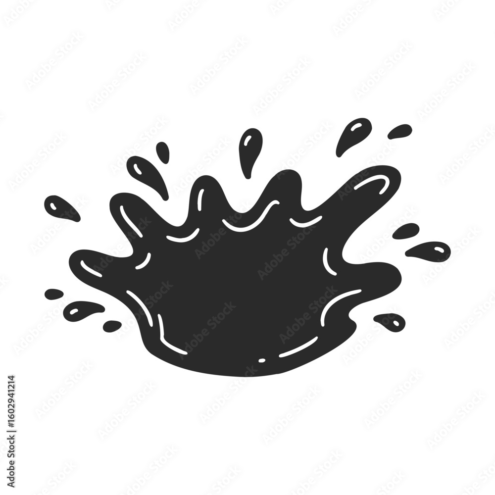Poster black ink splatter with drops on white background – stock vector icon in line style