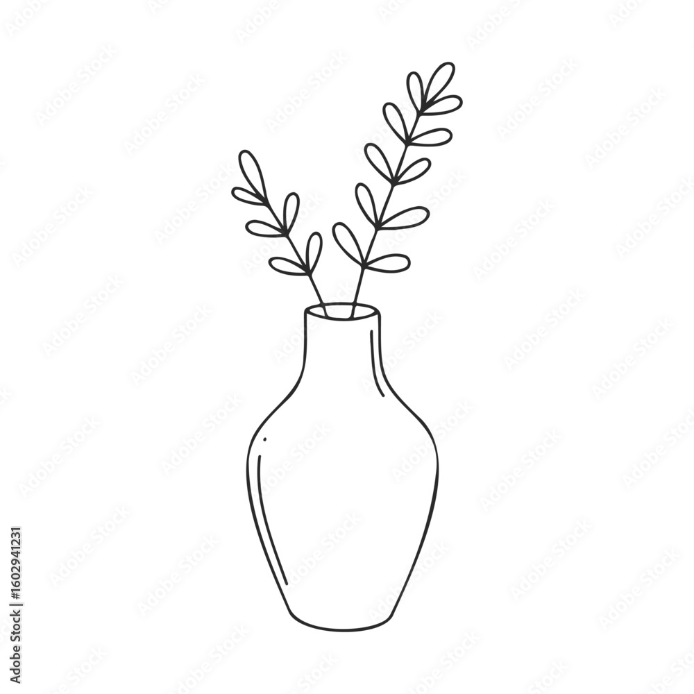 Poster minimalist line art vase with botanical branches on white background – stock vector icon in line sty