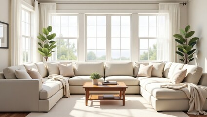 A light beige sectional sofa in a bright living room.