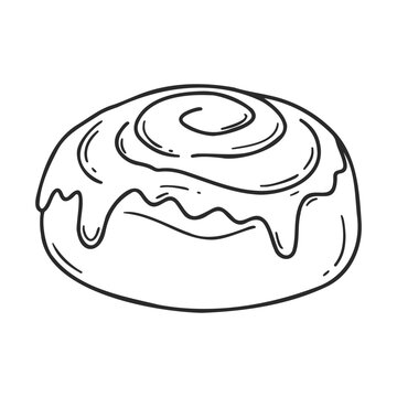 Hand-drawn cinnamon roll with icing outline in black and white art &ndash; stock vector icon in line style