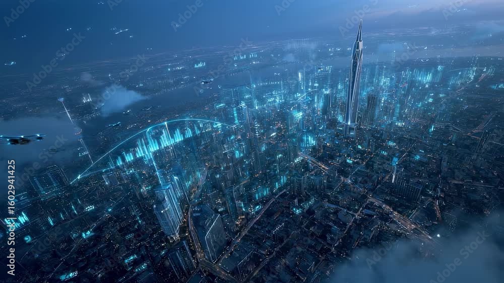 Poster an aweinspiring aerial view of a sprawling datadriven metropolis with digital analytics graphs and s