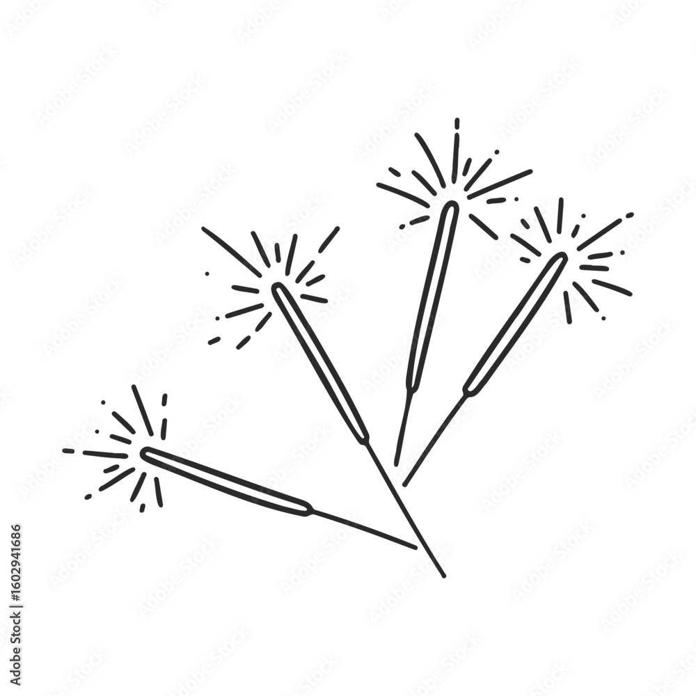 Poster black and white line drawing of four sparkling sparklers on white background – stock vector icon in 