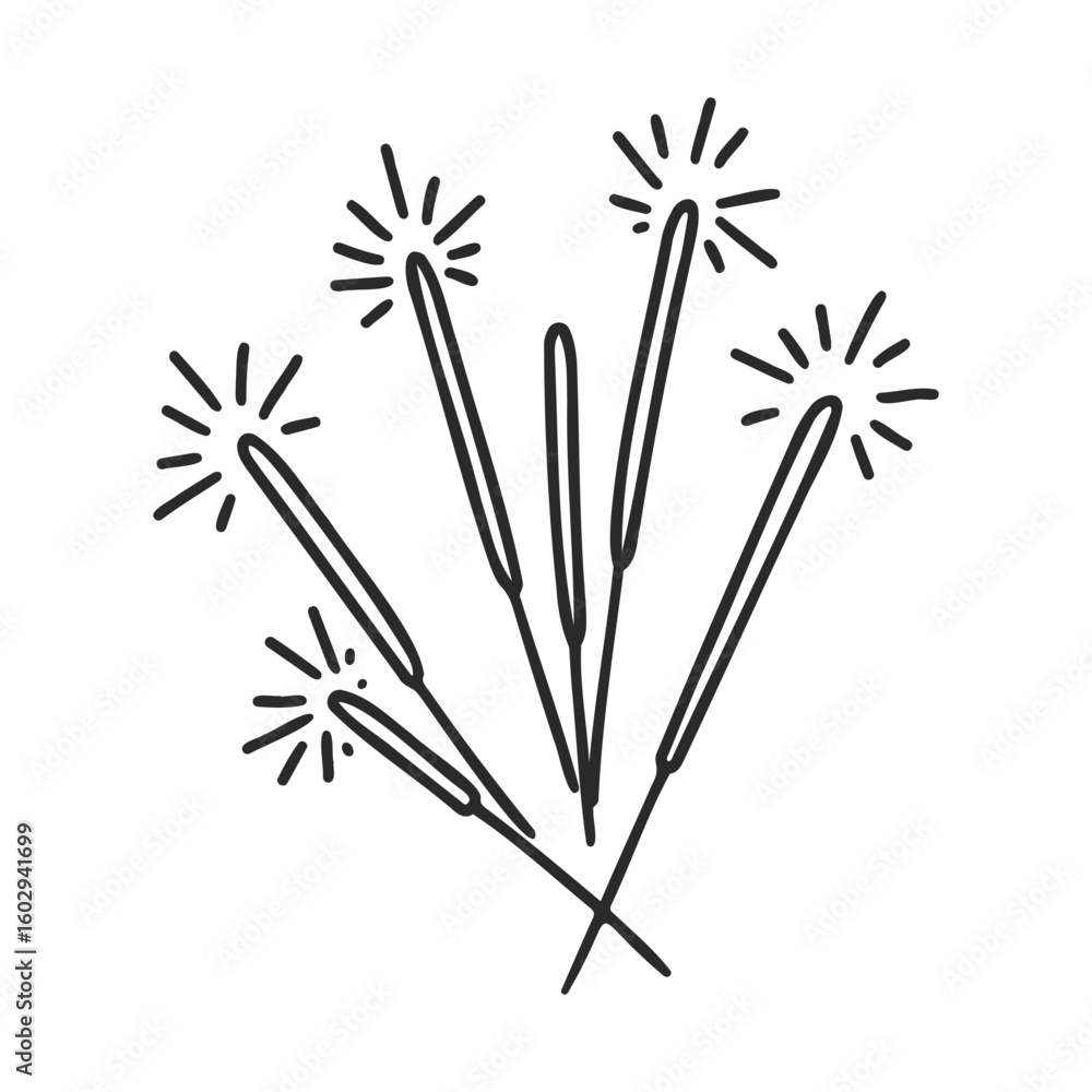 Poster black and white ink drawing of sparkling sparklers with starburst tips – stock vector icon in line s