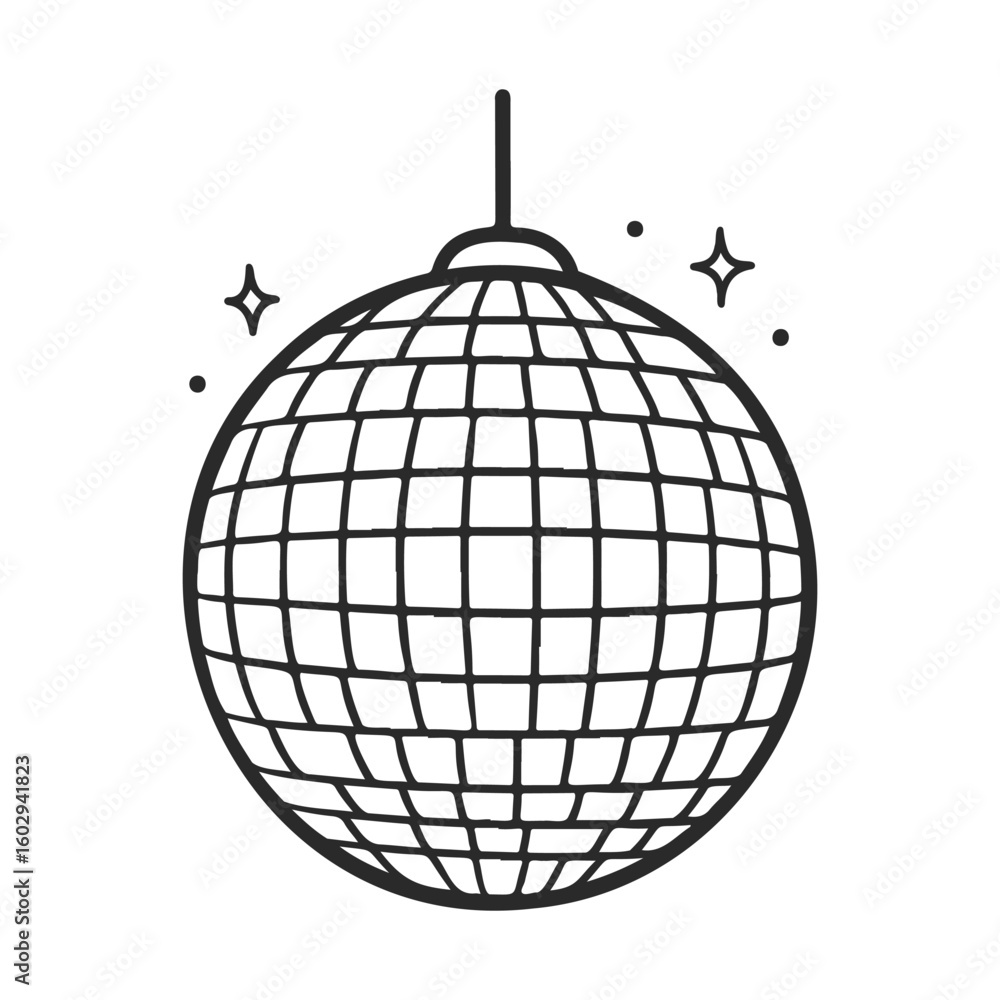 Poster simple outline of a disco ball with sparkles – stock vector icon in line style