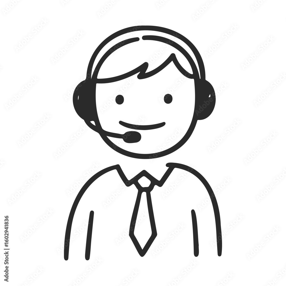 Poster simple black and white icon of call center representative with headset – stock vector icon in line s