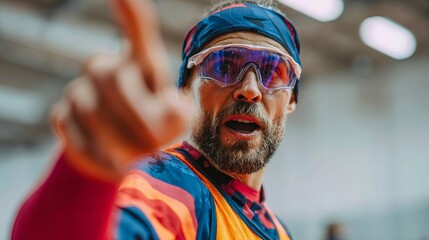 Energetic male athlete in colorful sportswear and visor glasses points with intensity, mid-action during indoor training or competition